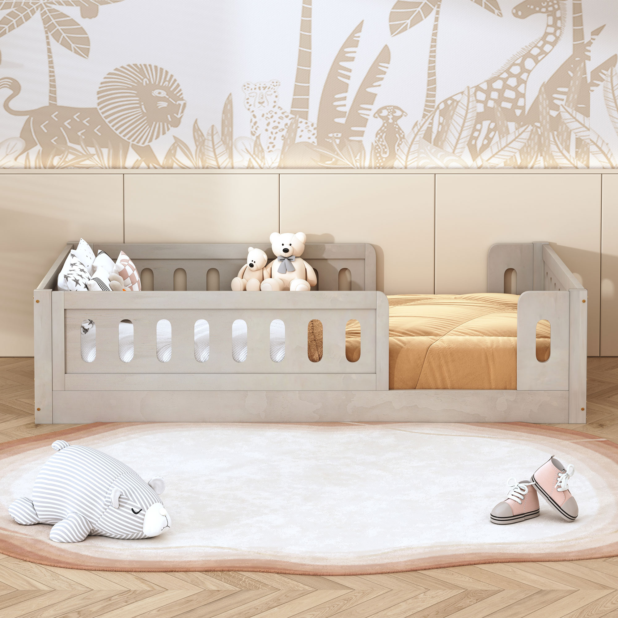 Wood Twin Size Upholstered Platform Bed with Guardrail 5 Wood Twin Size Upholstered Platform Bed with Guardrail