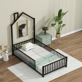 Twin Size Metal House Platform Bed with Guardrail and Chimney