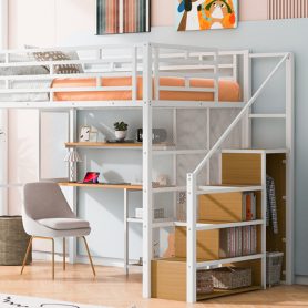 Full Size Metal Loft Bed with Wardrobe, Desk and Storage Shelves