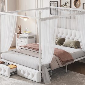 Queen Size Metal Canopy Platform Bed with Upholstered Headboard and Two Storage Drawers