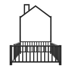 Twin Size Metal House Platform Bed with Guardrail and Chimney