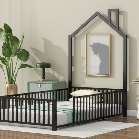 Twin Size Metal House Platform Bed with Guardrail and Chimney