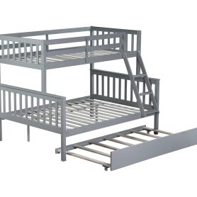 Detachable Twin Over Full Bunk Bed With Trundle, Convertible Ladder And Guardrail