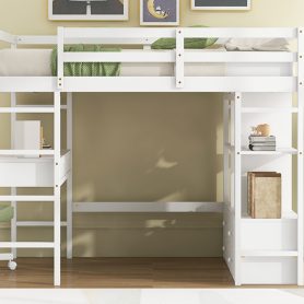 Full Size Loft Bed with Built-in Desk with Two Drawers and Storage Shelves 34 Full Size Loft Bed with Built-in Desk with Two Drawers and Storage Shelves