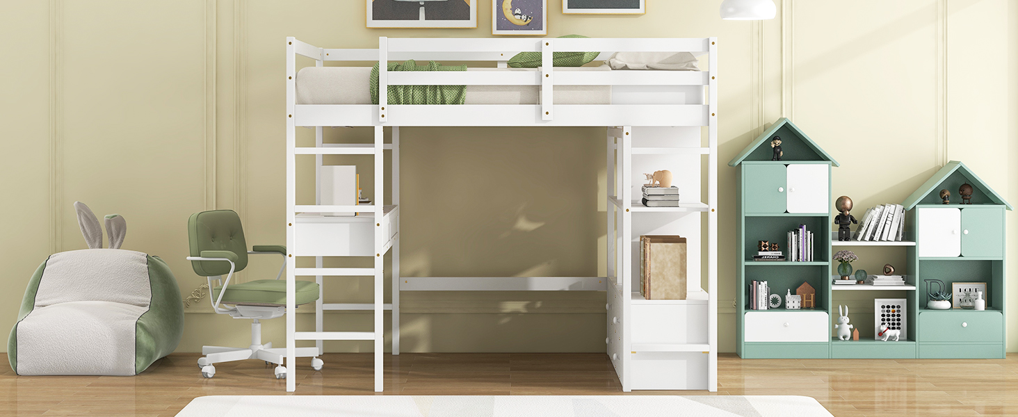 Full Size Loft Bed with Built-in Desk with Two Drawers and Storage Shelves 11 Full Size Loft Bed with Built-in Desk with Two Drawers and Storage Shelves
