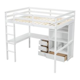 Full Size High Loft Bed with Desk, Storage Shelves and Drawers, Built-in Ladder 62 Full Size High Loft Bed with Desk, Storage Shelves and Drawers, Built-in Ladder