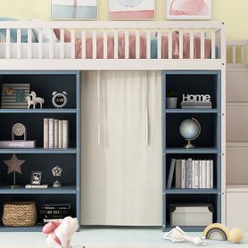 Full Size Loft Bed with 2 Four-layer Storage Cabinets and Curtain