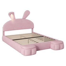 Full Size Upholstered Platform Bed with Cartoon Ears Shaped Headboard and Light