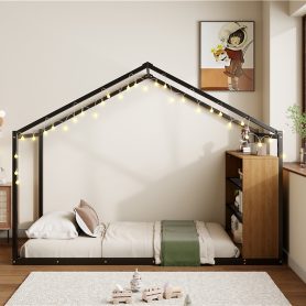 Metal Twin Size House Bed Frame with Shelves and Lights