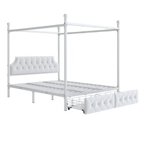 Queen Size Metal Canopy Platform Bed with Upholstered Headboard and Two Storage Drawers