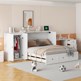 Queen Size Murphy Bed with USB Port, Large Drawer, and Wardrobe/Desk Combo