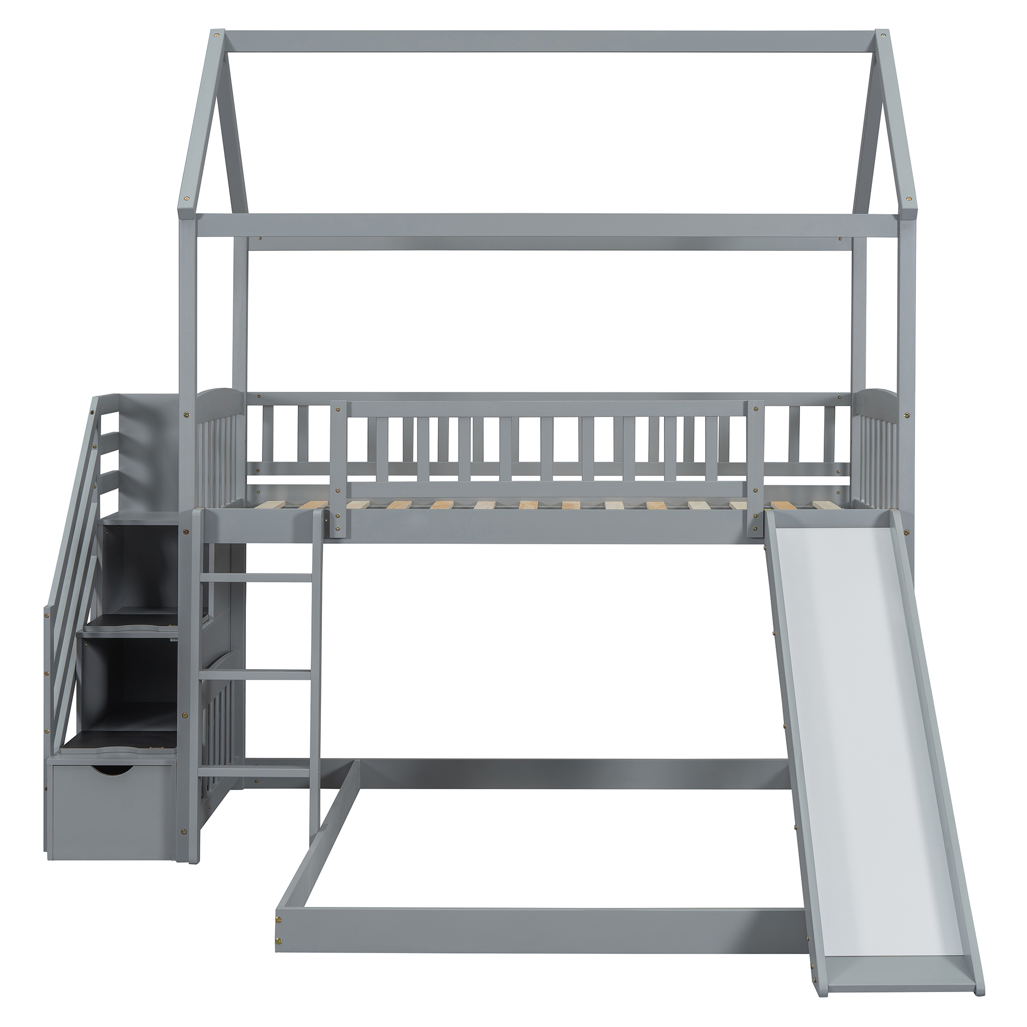 House Shape Twin Over Twin Bunk Bed With Two Drawers, Staircase And Slide 24 House Shape Twin Over Twin Bunk Bed With Two Drawers, Staircase And Slide