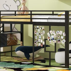 Twin Size Metal Low Loft Bed Frame With Storage Staircase And Iron Mesh