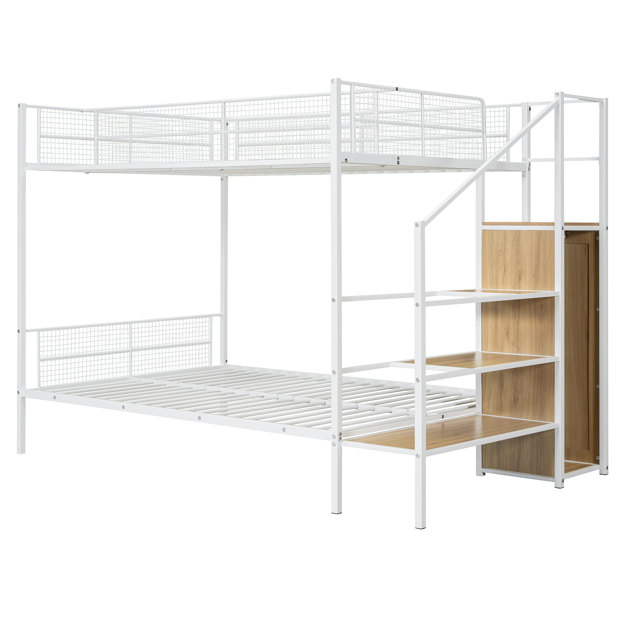 Twin Over Full Metal Bunk Bed with Wire Shelving and Lateral Storage Ladder and Wardrobe 7 Twin Over Full Metal Bunk Bed with Wire Shelving and Lateral Storage Ladder and Wardrobe