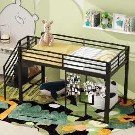 Twin Size Metal Low Loft Bed Frame With Storage Staircase And Iron Mesh