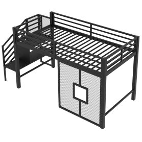 Twin Size Metal Low Loft Bed Frame With Storage Staircase And Iron Mesh