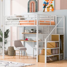 Full Size Metal Loft Bed with Wardrobe, Desk and Storage Shelves