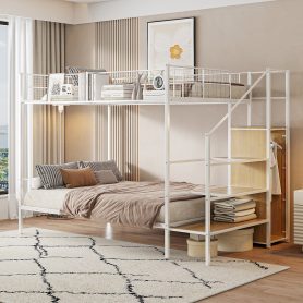 Twin Over Full Metal Bunk Bed with Wire Shelving and Lateral Storage Ladder and Wardrobe