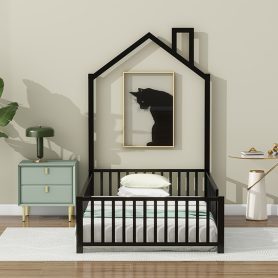Twin Size Metal House Platform Bed with Guardrail and Chimney