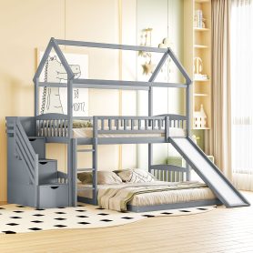House Shape Twin Over Twin Bunk Bed With Two Drawers, Staircase And Slide