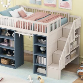 Full Size Loft Bed with 2 Four-layer Storage Cabinets and Curtain