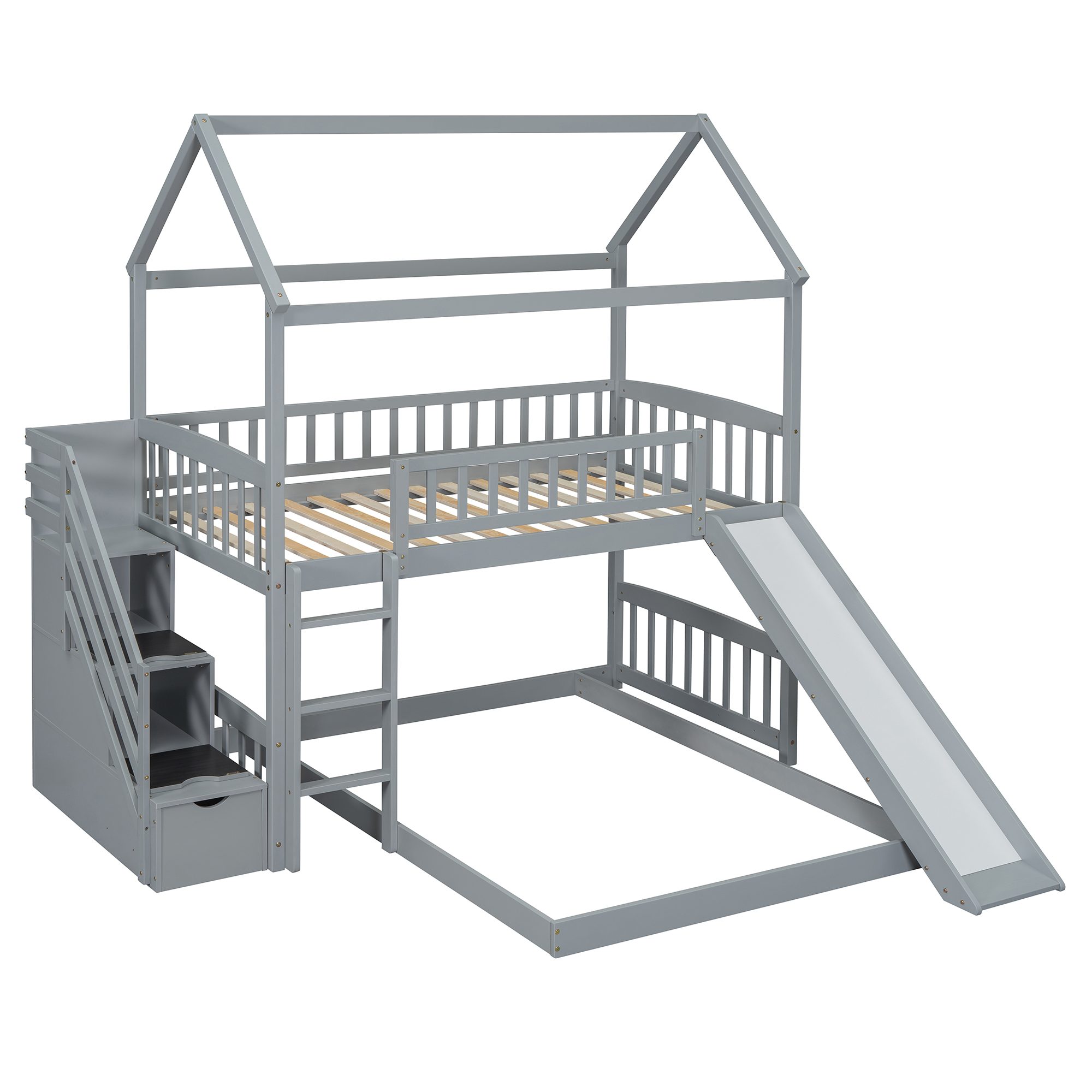 House Shape Twin Over Twin Bunk Bed With Two Drawers, Staircase And Slide 13 House Shape Twin Over Twin Bunk Bed With Two Drawers, Staircase And Slide