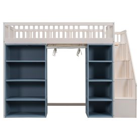 Full Size Loft Bed with 2 Four-layer Storage Cabinets and Curtain
