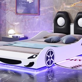 Wood Twin Size Race Car-Shaped Platform Bed with LED and Upholstered Backrest
