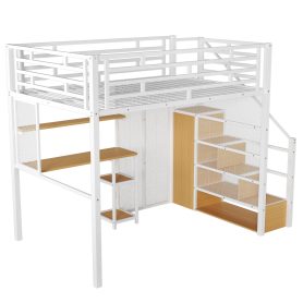 Full Size Metal Loft Bed with Wardrobe, Desk and Storage Shelves