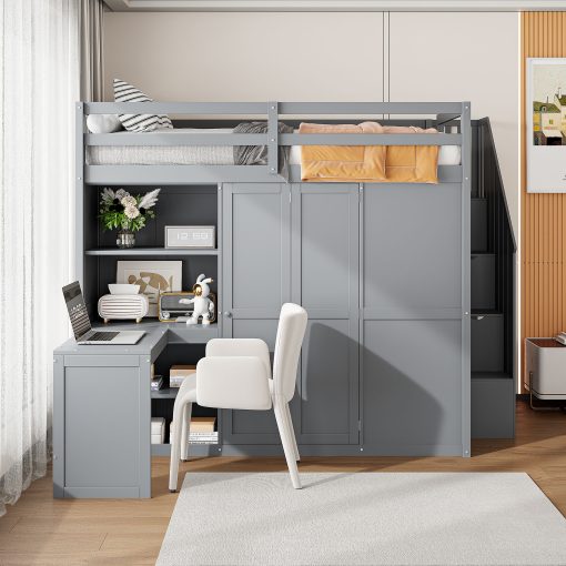Full Size Bunk Bed With Wardrobe, Desk And Shelves