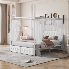 Queen Size Metal Canopy Platform Bed with Upholstered Headboard and Two Storage Drawers