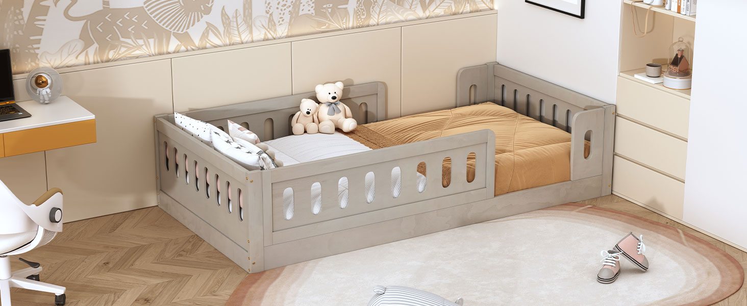 Wood Twin Size Upholstered Platform Bed with Guardrail 10 Wood Twin Size Upholstered Platform Bed with Guardrail