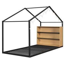 Metal Twin Size House Bed Frame with Shelves and Lights