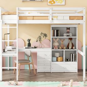 Full Size High Loft Bed with Desk, Storage Shelves and Drawers, Built-in Ladder 57 Full Size High Loft Bed with Desk, Storage Shelves and Drawers, Built-in Ladder