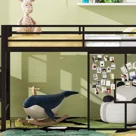 Twin Size Metal Low Loft Bed Frame With Storage Staircase And Iron Mesh