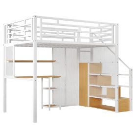 Full Size Metal Loft Bed with Wardrobe, Desk and Storage Shelves