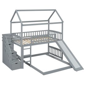 House Shape Twin Over Twin Bunk Bed With Two Drawers, Staircase And Slide 45 House Shape Twin Over Twin Bunk Bed With Two Drawers, Staircase And Slide