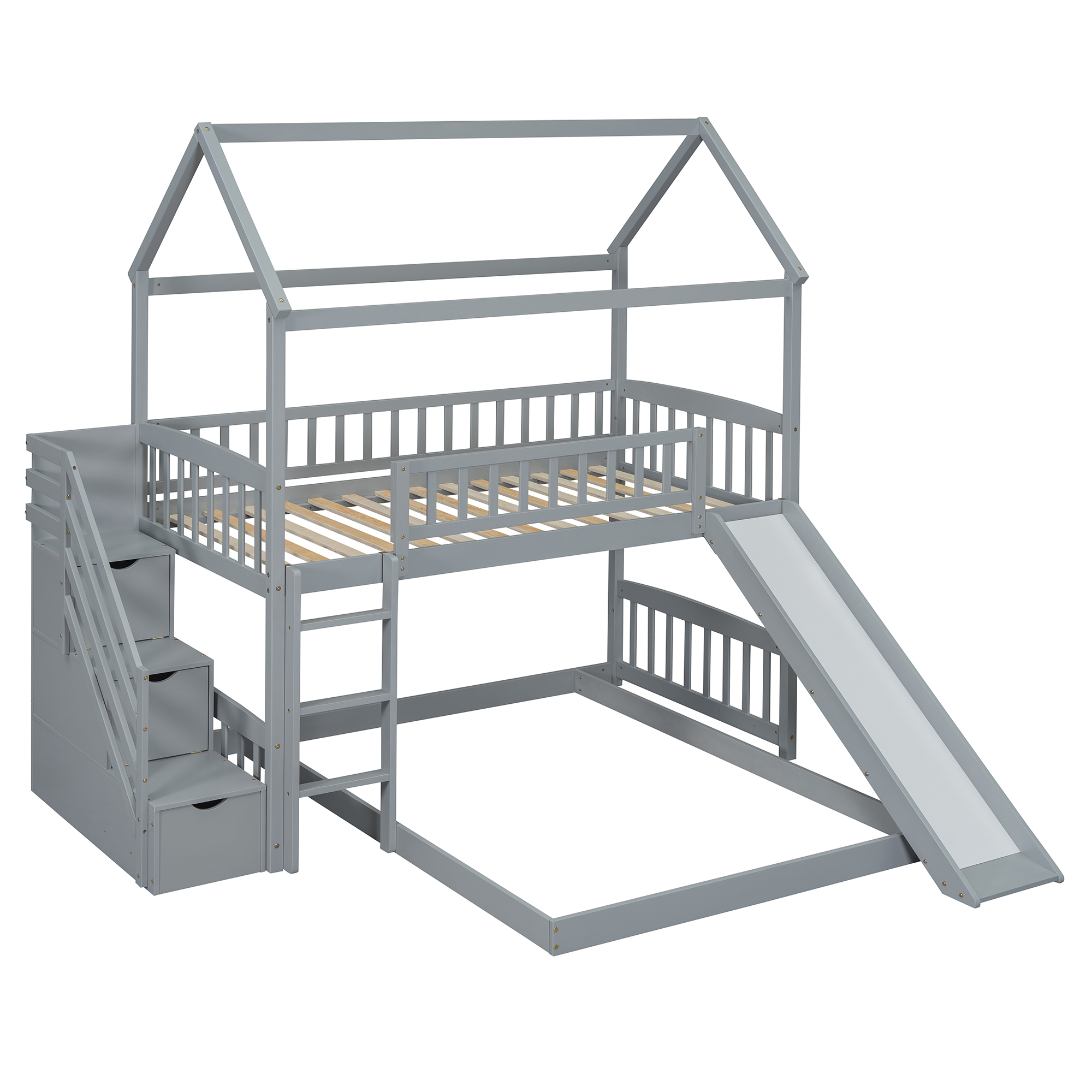 House Shape Twin Over Twin Bunk Bed With Two Drawers, Staircase And Slide 20 House Shape Twin Over Twin Bunk Bed With Two Drawers, Staircase And Slide