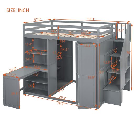 Full Size Bunk Bed With Wardrobe, Desk And Shelves