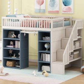 Full Size Loft Bed with 2 Four-layer Storage Cabinets and Curtain