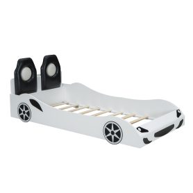 Wood Twin Size Race Car-Shaped Platform Bed with LED and Upholstered Backrest