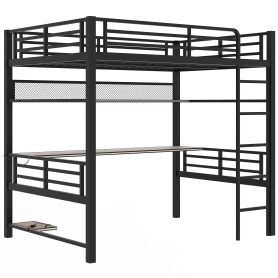 Full Size Metal Loft Bed Frame with Storage Shelf and LED Light