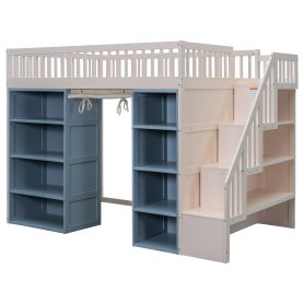 Full Size Loft Bed with 2 Four-layer Storage Cabinets and Curtain