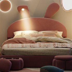 Full Size Upholstered Platform Bed with Cartoon Ears Shaped Headboard and Light