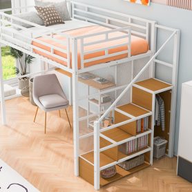 Full Size Metal Loft Bed with Wardrobe, Desk and Storage Shelves