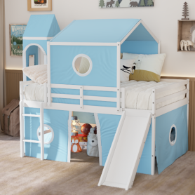 Full Size Loft  Bed With Slide, Tent And Tower