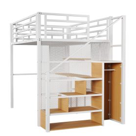 Full Size Metal Loft Bed with Wardrobe, Desk and Storage Shelves