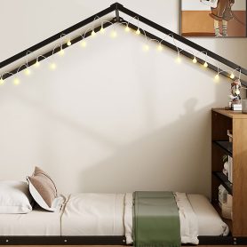Metal Twin Size House Bed Frame with Shelves and Lights