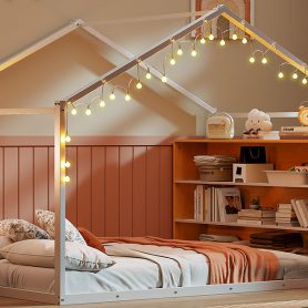 Metal Full Size House Bed Frame with Shelves and Lights