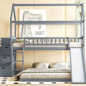 House Shape Twin Over Twin Bunk Bed With Two Drawers, Staircase And Slide 53 House Shape Twin Over Twin Bunk Bed With Two Drawers, Staircase And Slide